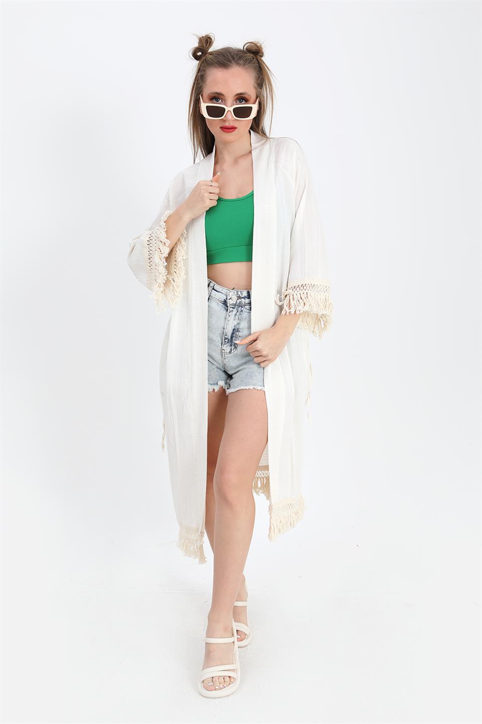 Women's Kimono with Palm Printed Tassels - Ecru - STREETMODE ™