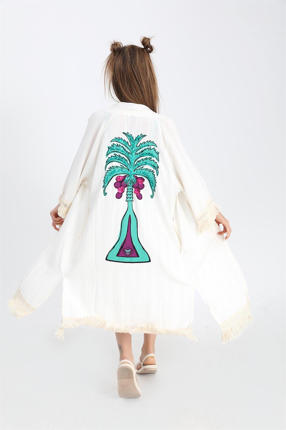 Women's Kimono with Palm Printed Tassels - Ecru - STREETMODE ™