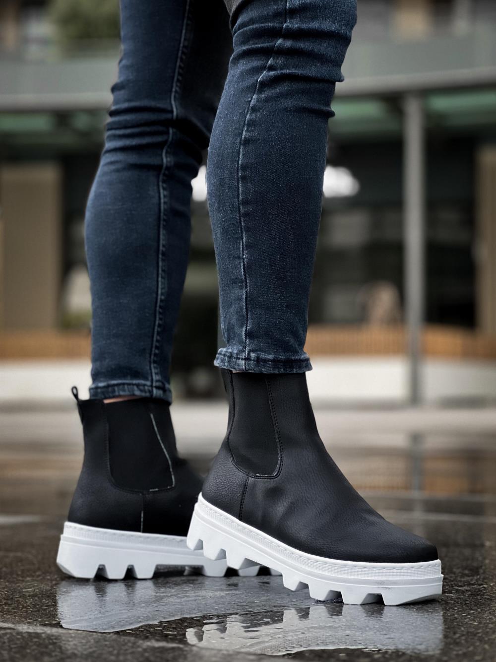 Men's High Sole Chelsea Boots 113 Black (White Sole) - STREETMODE ™