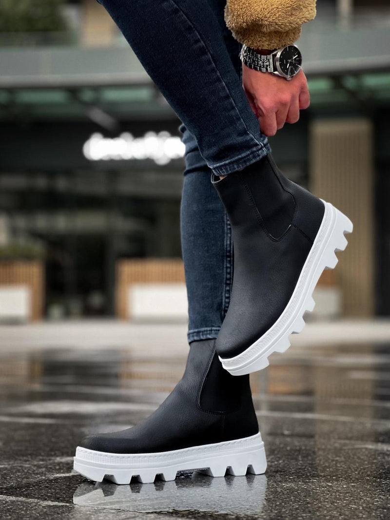 Men's High Sole Chelsea Boots 113 Black (White Sole) - STREETMODE ™