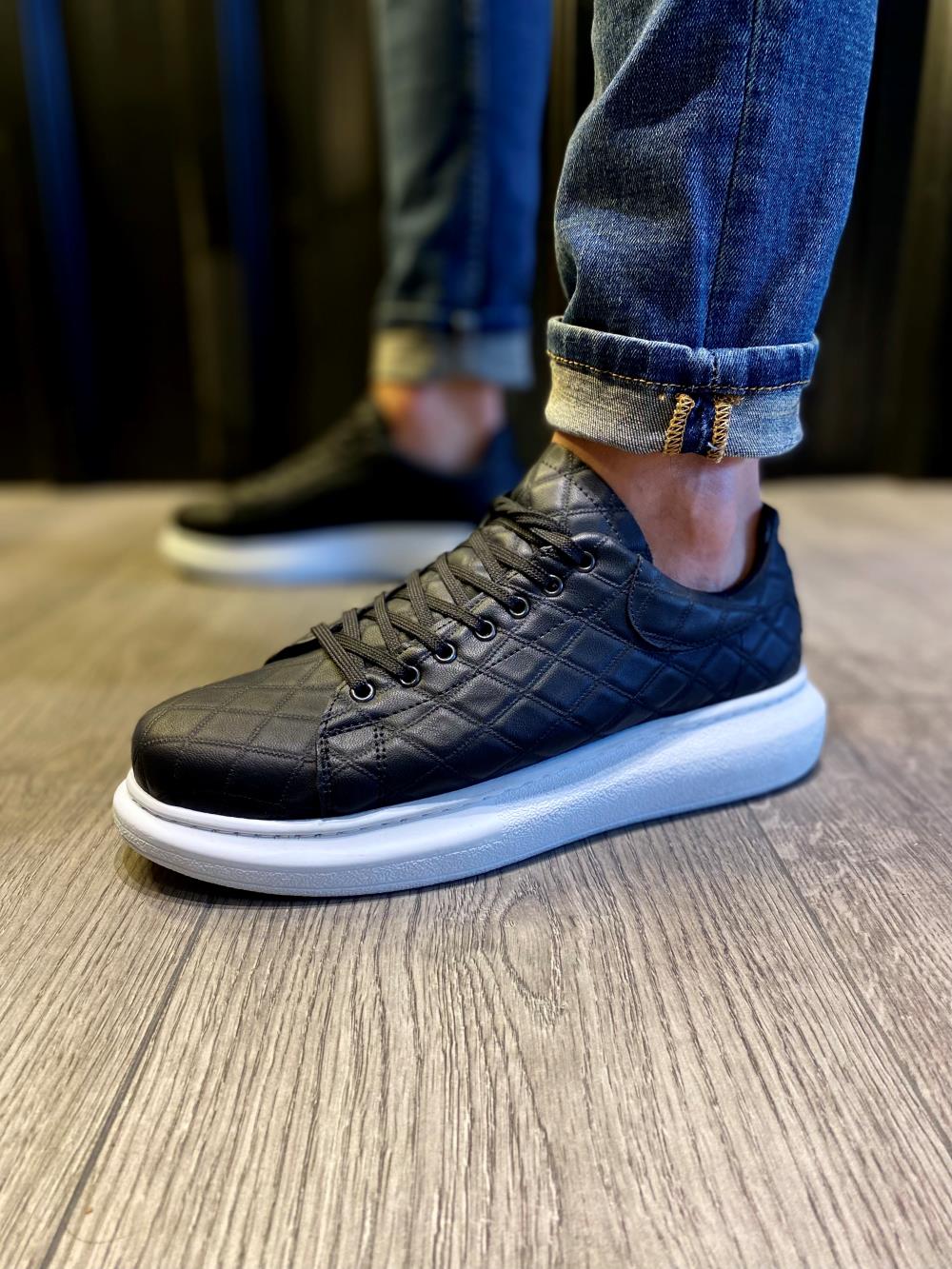 STM Men's High Sole Casual sneakers Shoes 044 QUILTED Black (White Sole) - STREETMODE ™