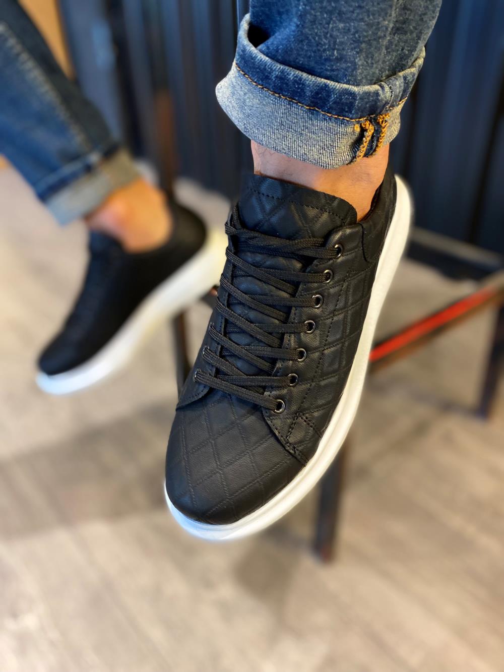 STM Men's High Sole Casual sneakers Shoes 044 QUILTED Black (White Sole) - STREETMODE ™