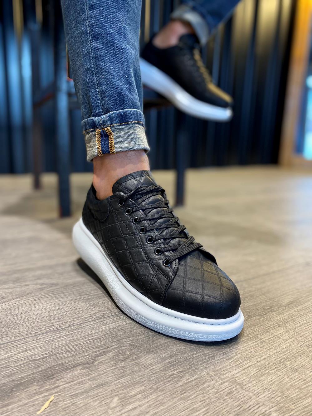 STM Men's High Sole Casual sneakers Shoes 044 QUILTED Black (White Sole) - STREETMODE ™