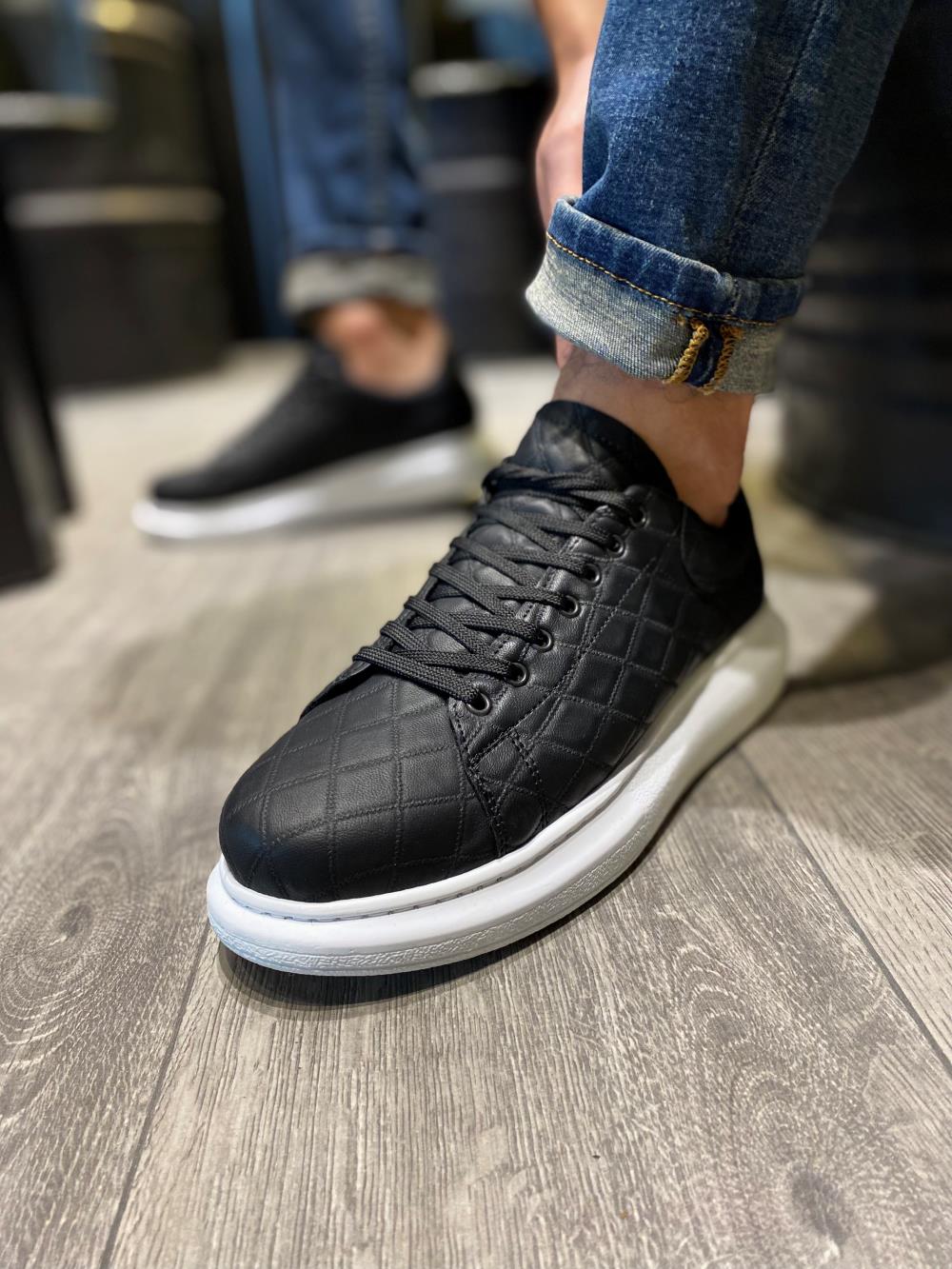 STM Men's High Sole Casual sneakers Shoes 044 QUILTED Black (White Sole) - STREETMODE ™