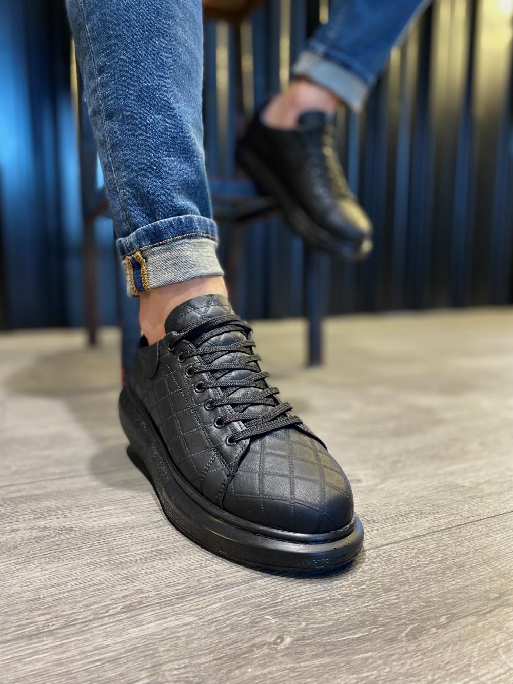 STM Men's High Sole Casual sneakers Shoes 044 QUILTED Black (Black Sole) - STREETMODE ™