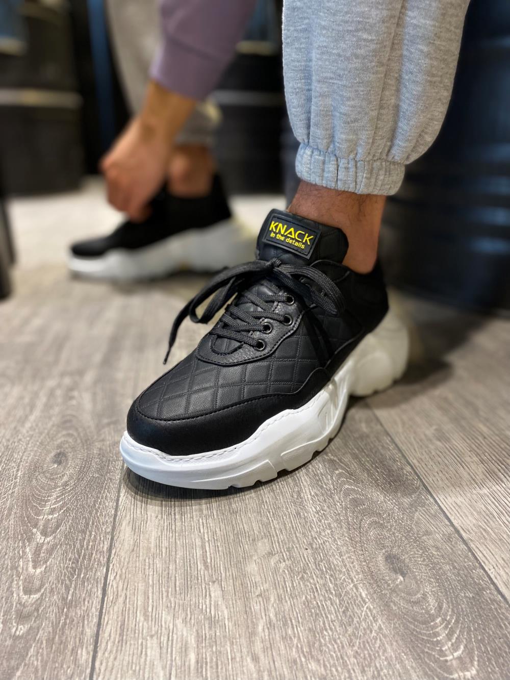 STM Men's High Sole Casual sneakers Shoes N75 Quilted Black (White Sole) - STREETMODE ™