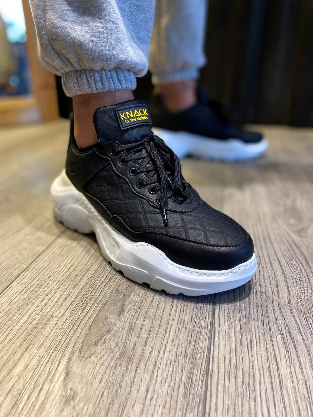 STM Men's High Sole Casual sneakers Shoes N75 Quilted Black (White Sole) - STREETMODE ™