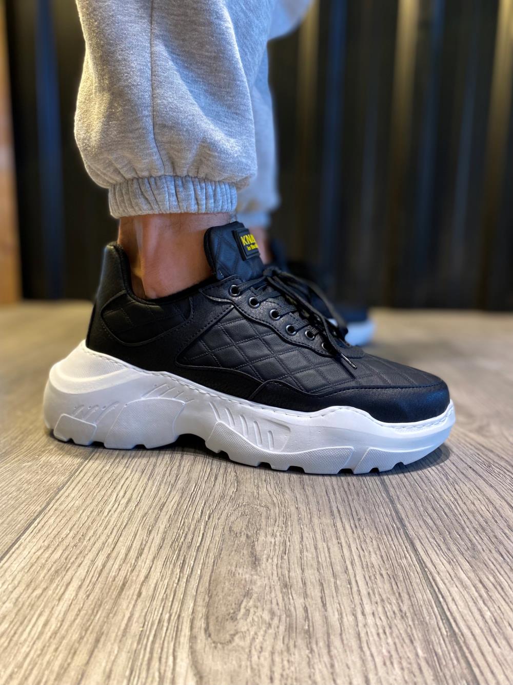STM Men's High Sole Casual sneakers Shoes N75 Quilted Black (White Sole) - STREETMODE ™