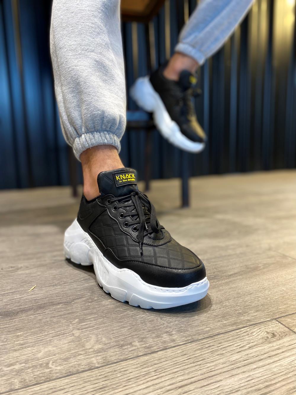 STM Men's High Sole Casual sneakers Shoes N75 Quilted Black (White Sole) - STREETMODE ™