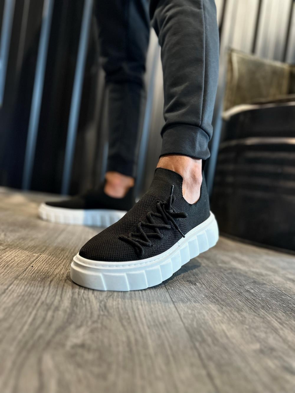 Men's High Sole Casual Suede Sneakers Shoes 1025 Black (White Sole) - STREETMODE ™