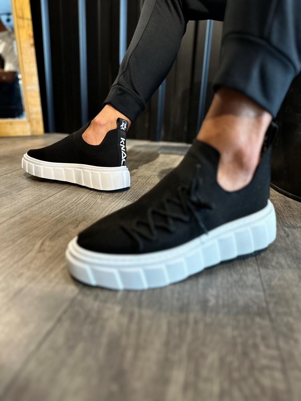 Men's High Sole Casual Suede Sneakers Shoes 1025 Black (White Sole) - STREETMODE ™