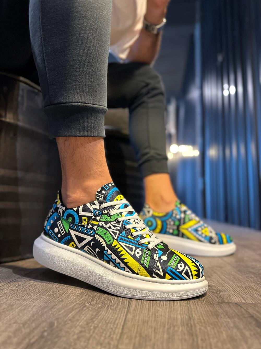 Men's High Sole Color Printed Casual Shoes 046 Yellow (White Sole) - STREETMODE ™
