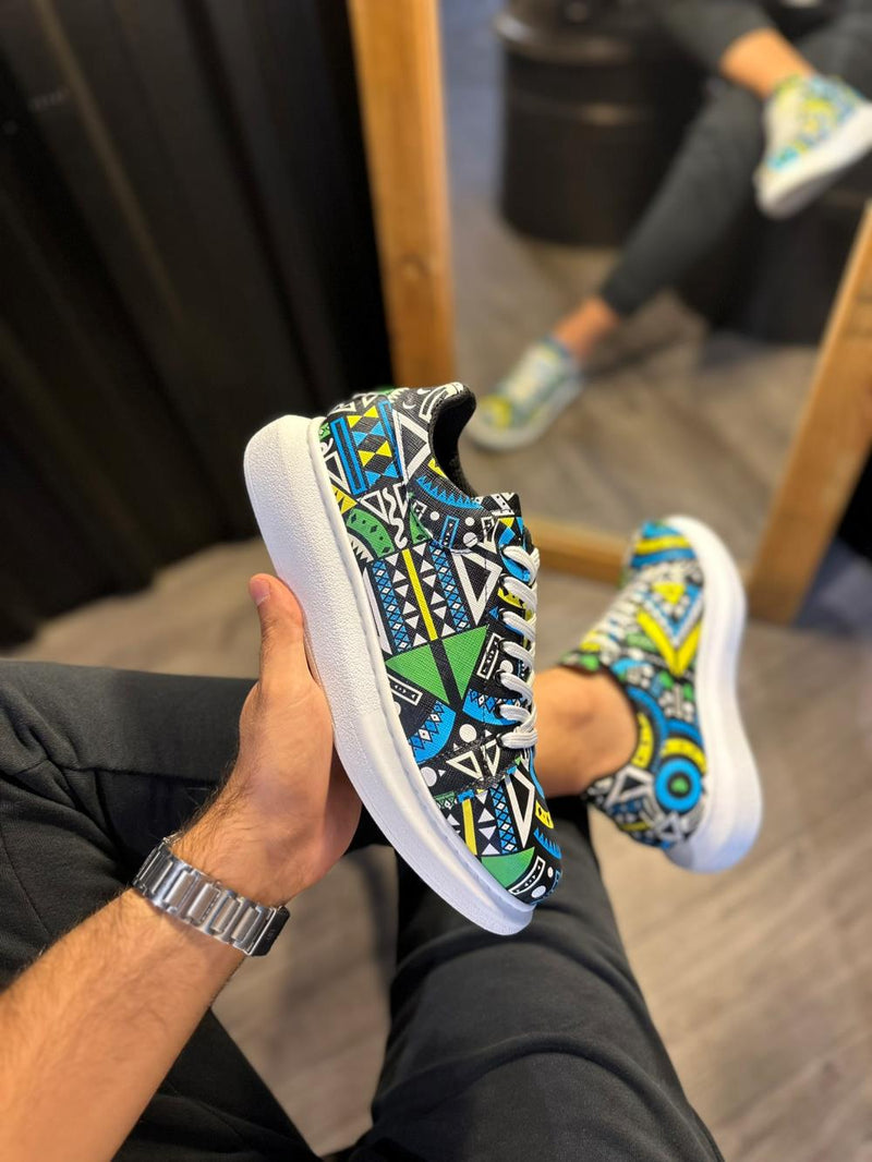 Men's High Sole Color Printed Casual Shoes 046 Yellow (White Sole) - STREETMODE ™