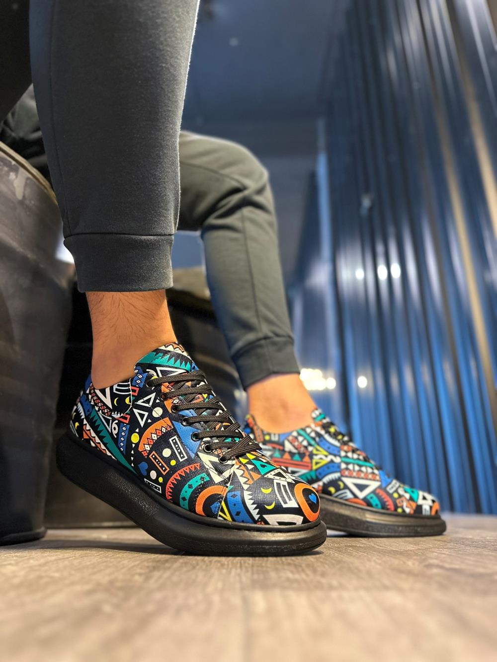 Men's High Sole Color Printed Casual Shoes 046 Black (Black Sole) - STREETMODE ™