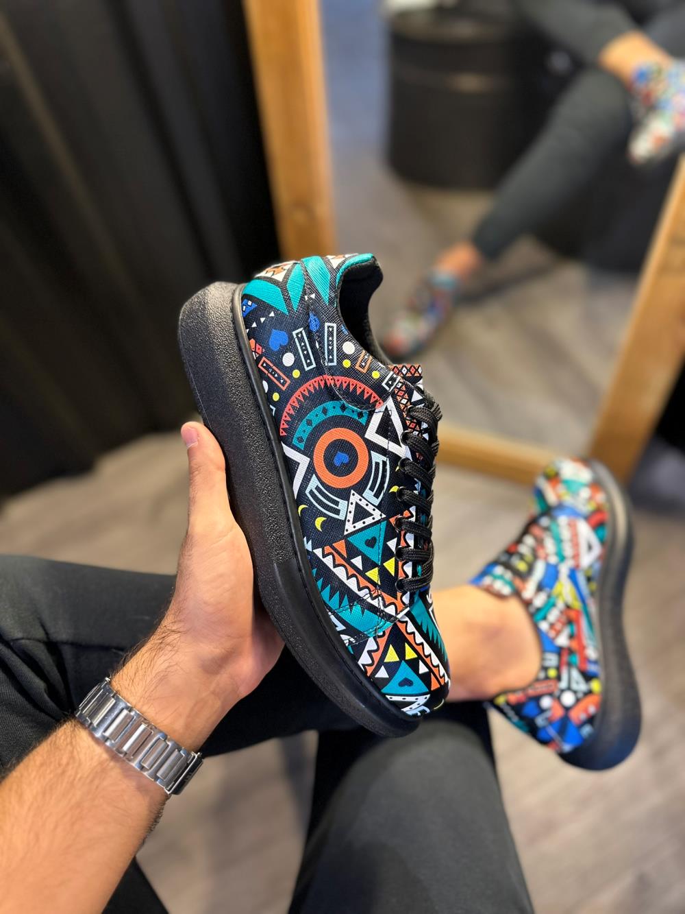 Men's High Sole Color Printed Casual Shoes 046 Black (Black Sole) - STREETMODE ™