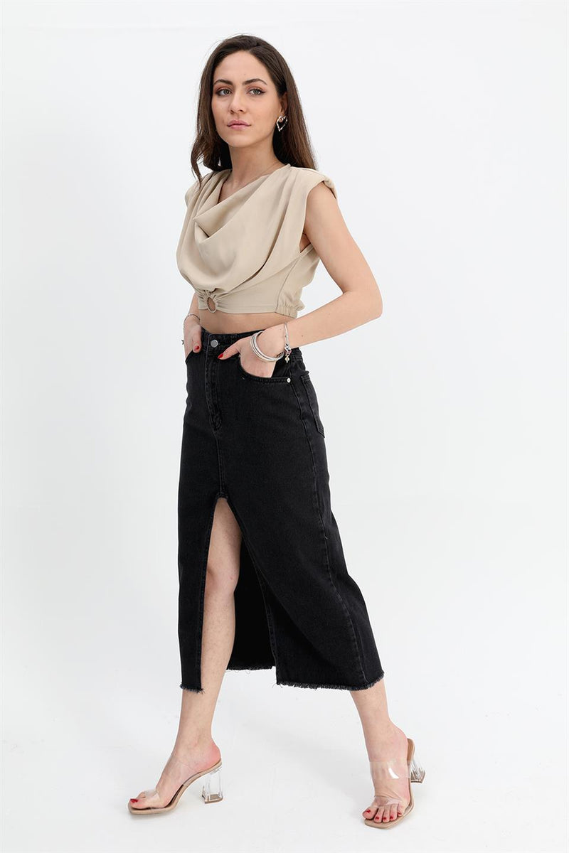 Women's Denim Skirt Front Slit Skirt Tasseled - Black - STREET MODE ™