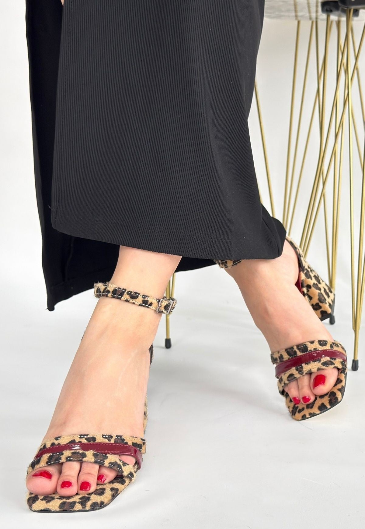 Women's Leopard Suede Burgundy Patent Leather Detailed Shoes - STREETMODE ™