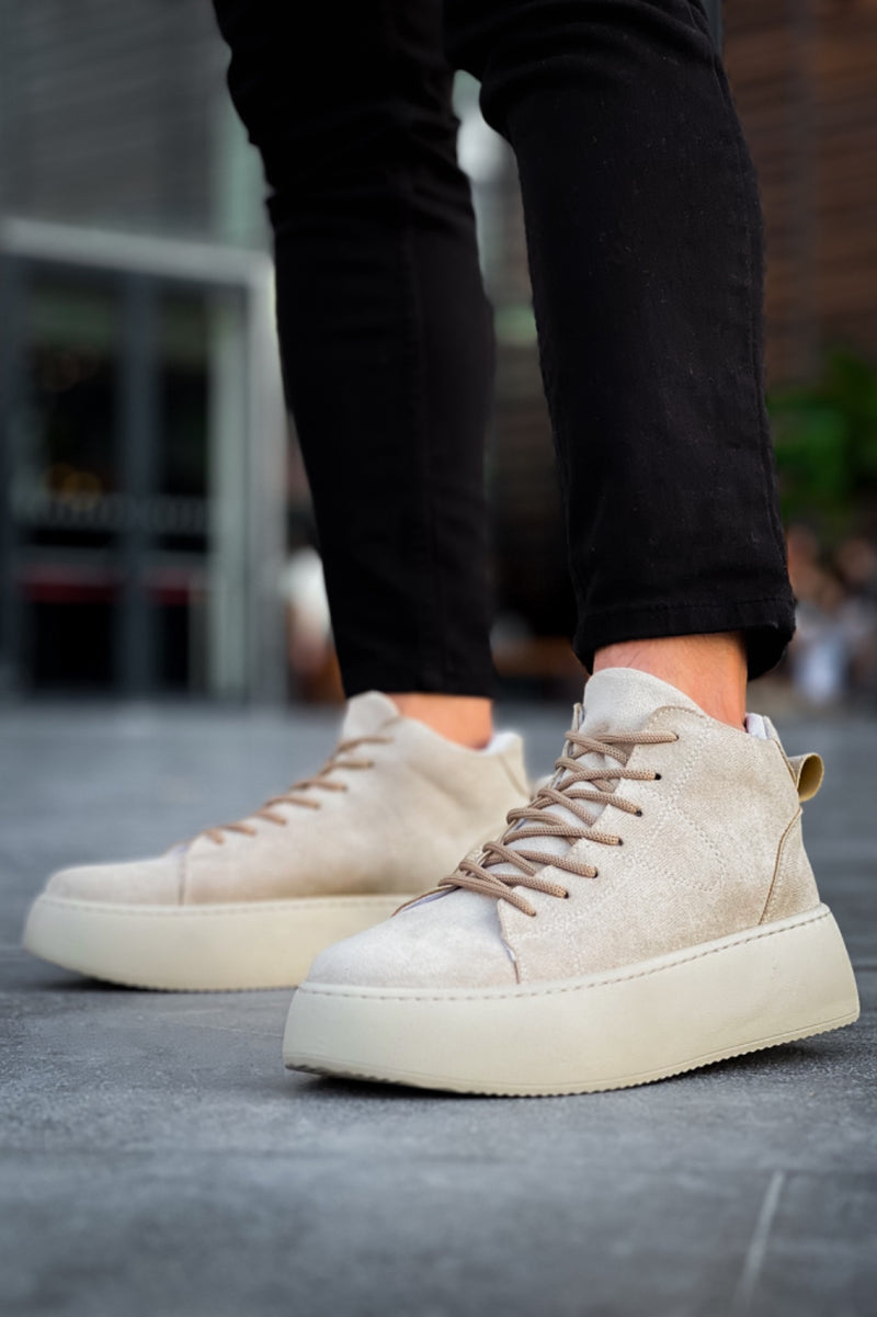 LE10 Laced Men's High Sole Imported Suede Cream Sports Boots - STREETMODE ™