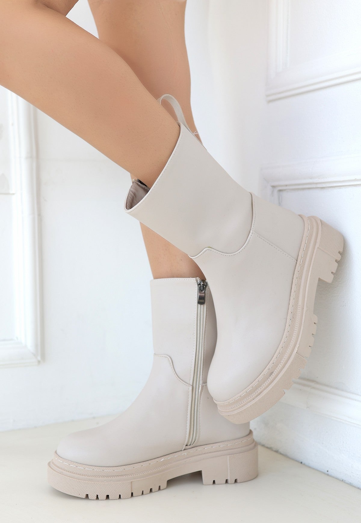 Women's Beige Leather Heeled Boots - STREETMODE ™