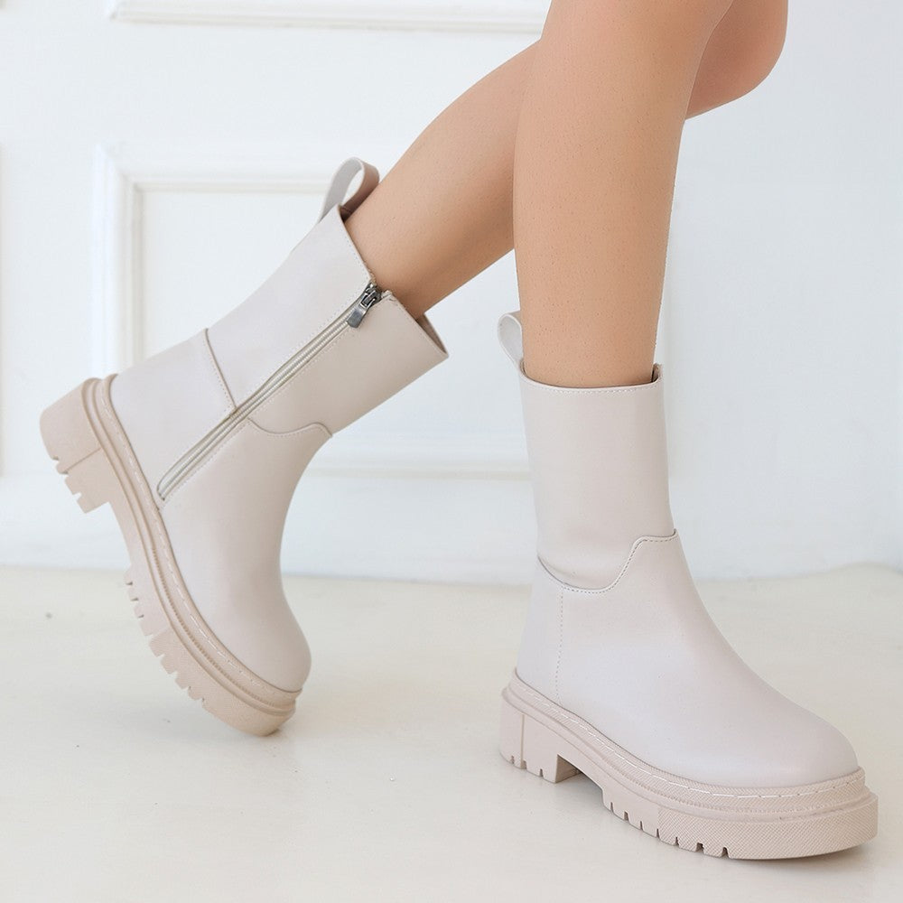 Women's Beige Leather Heeled Boots - STREETMODE ™