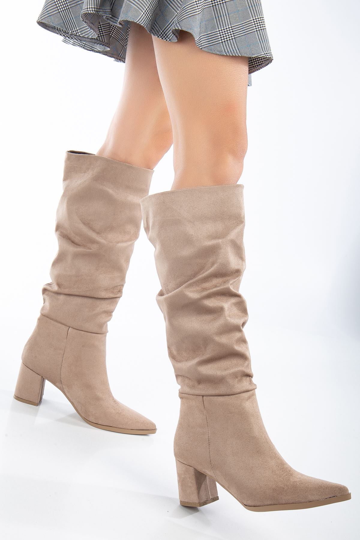 Lise-Britt Nude Suede Boots with Bellows Heels for Women - STREETMODE ™