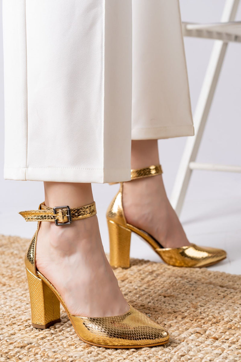 Gold Skin Crocodile Leather Detailed High Heel Shoes - STREETMODE ™