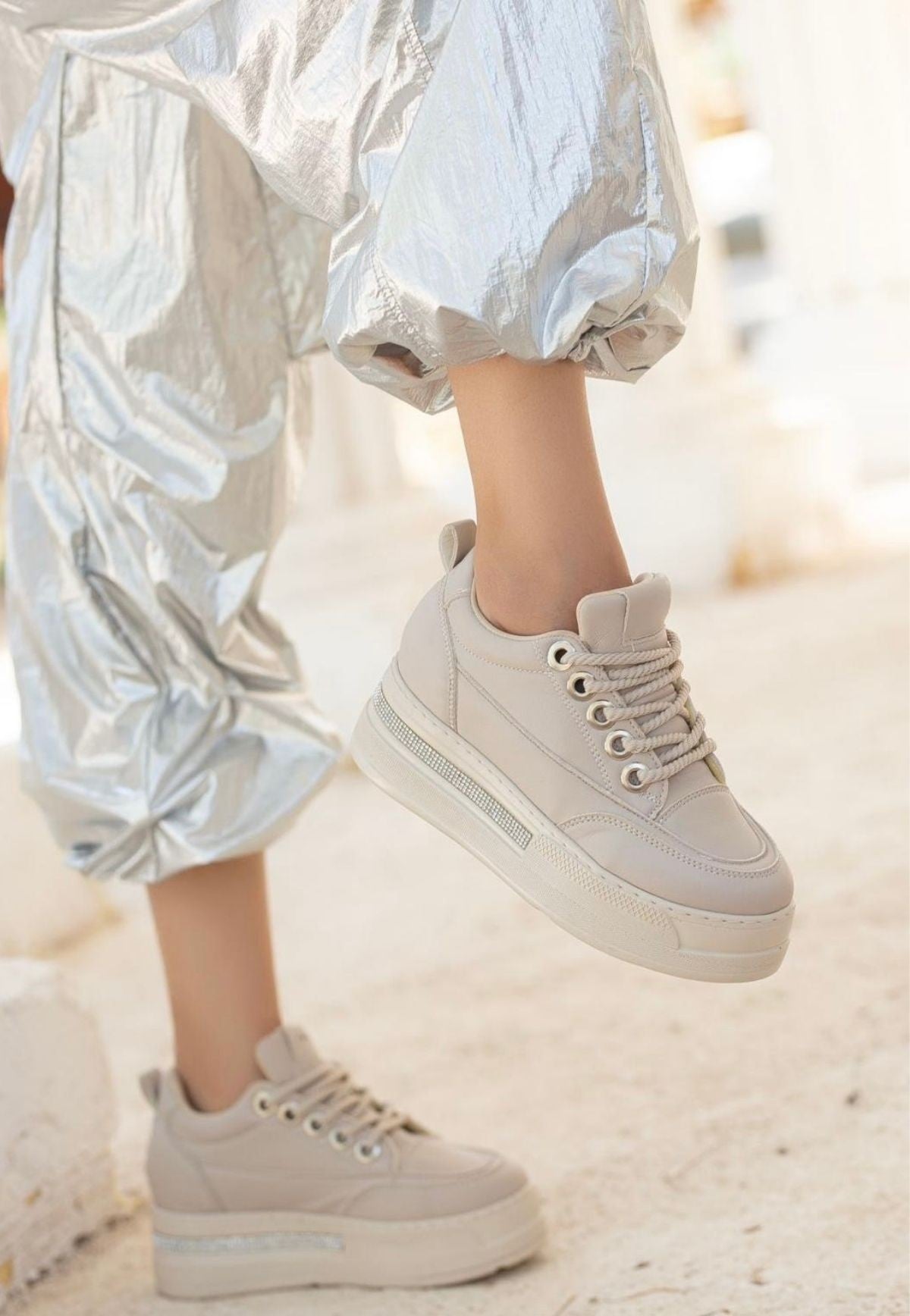 Women's Beige Leather Lace-Up Sneakers - STREETMODE ™