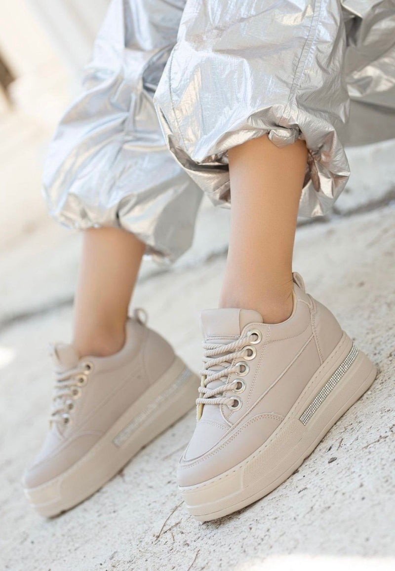 Women's Beige Leather Lace-Up Sneakers - STREETMODE ™