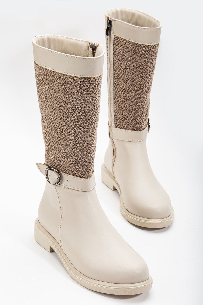 Beige Leather Felt Detailed Women's Boots - STREETMODE ™
