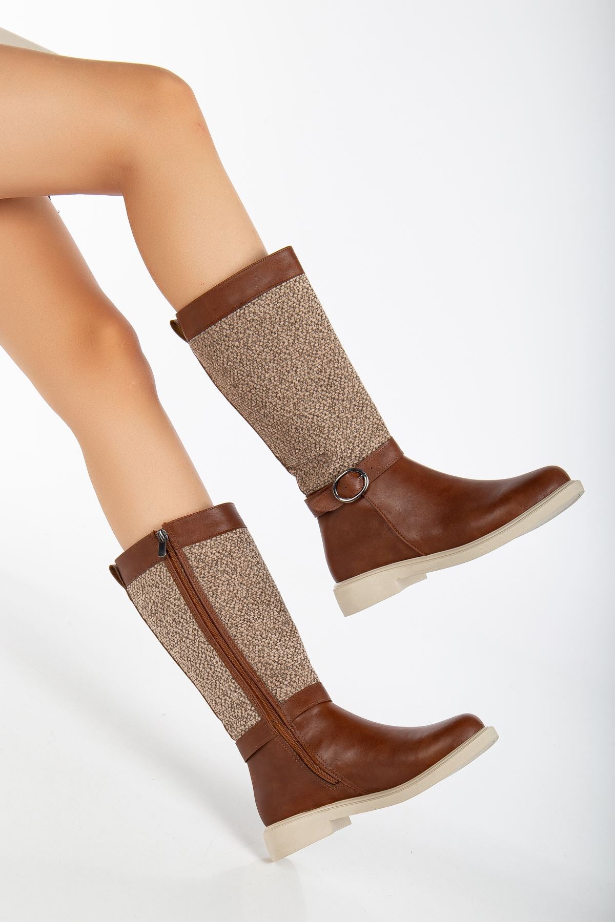 Brown Leather Felt Detailed Women's Boots - STREETMODE ™