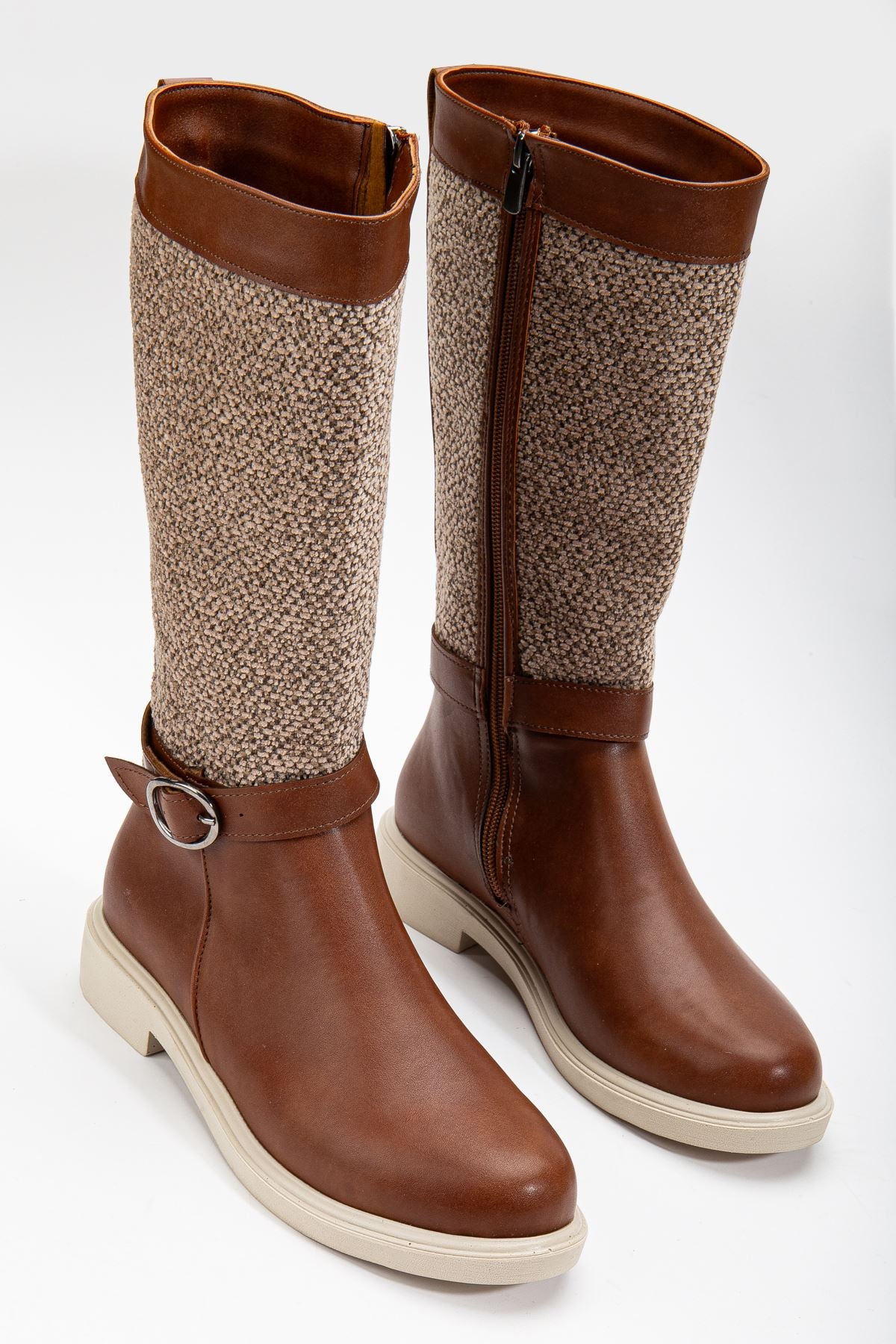 Brown Leather Felt Detailed Women's Boots - STREETMODE ™