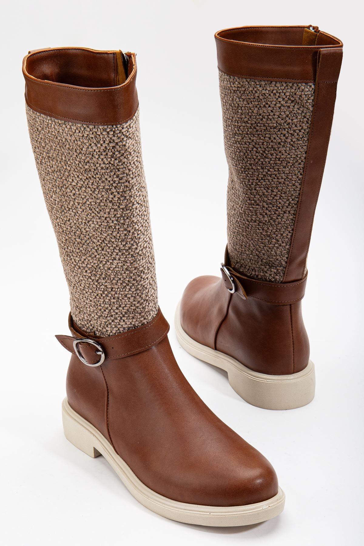 Brown Leather Felt Detailed Women's Boots - STREETMODE ™