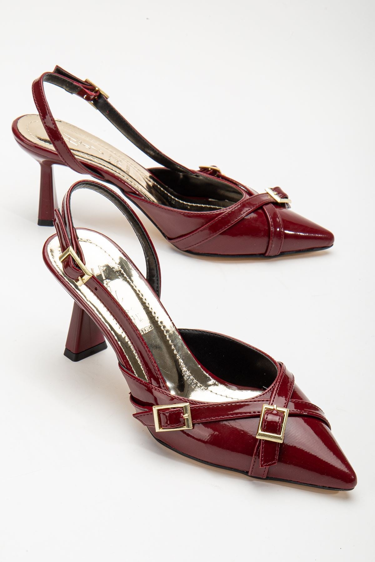 Mary Jane Burgundy Patent Leather Open Back Pointed Toe Women's Heeled Shoes - STREETMODE ™