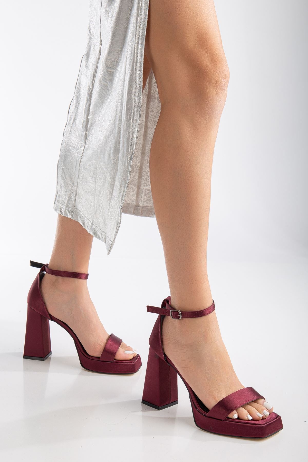 Women's Matilda Burgundy Satin Platform Open Toe Thick Heeled Shoes - STREETMODE ™