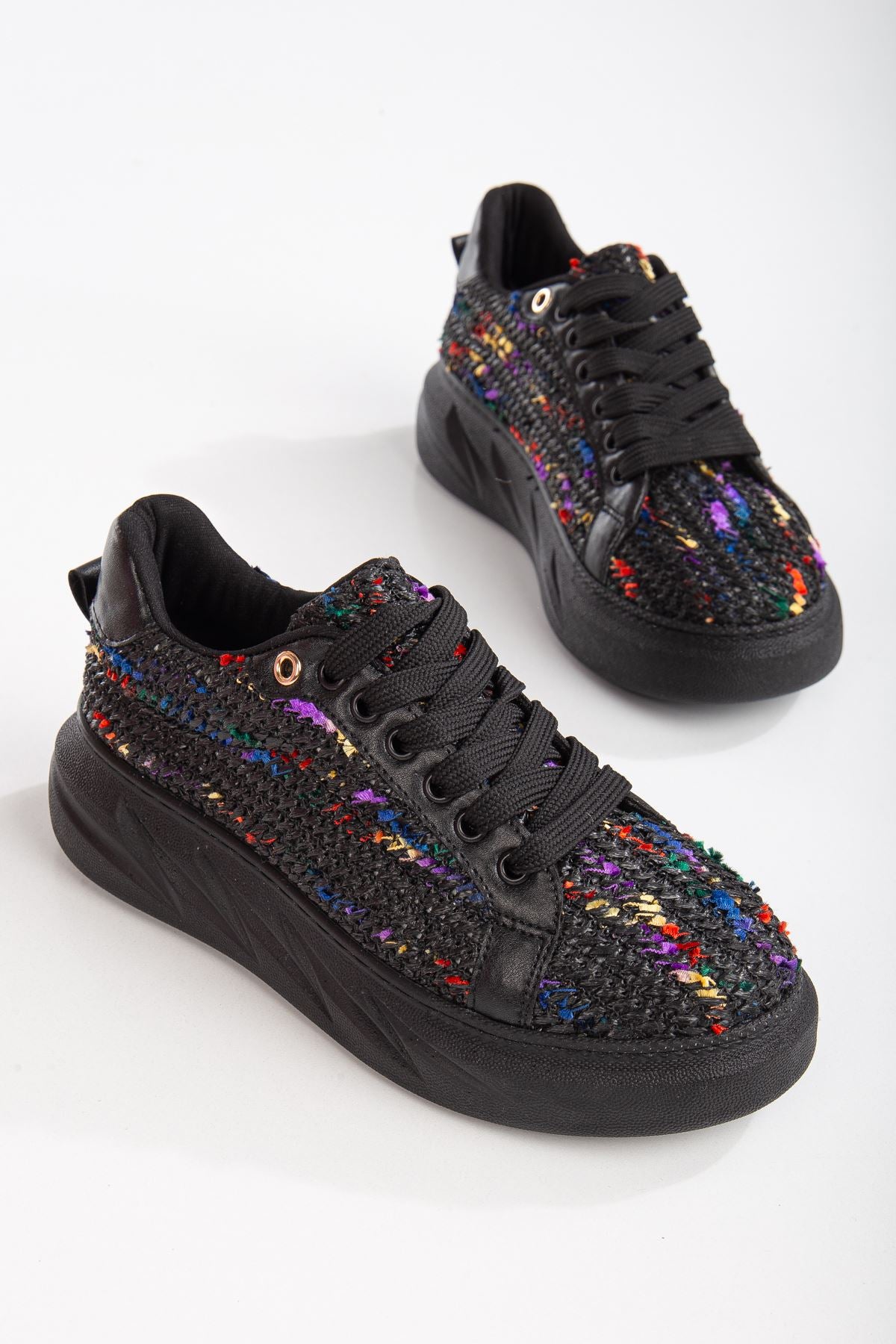 Women's Mavis Black - Colorful Thick Sole Straw Detailed Sneakers - STREETMODE ™