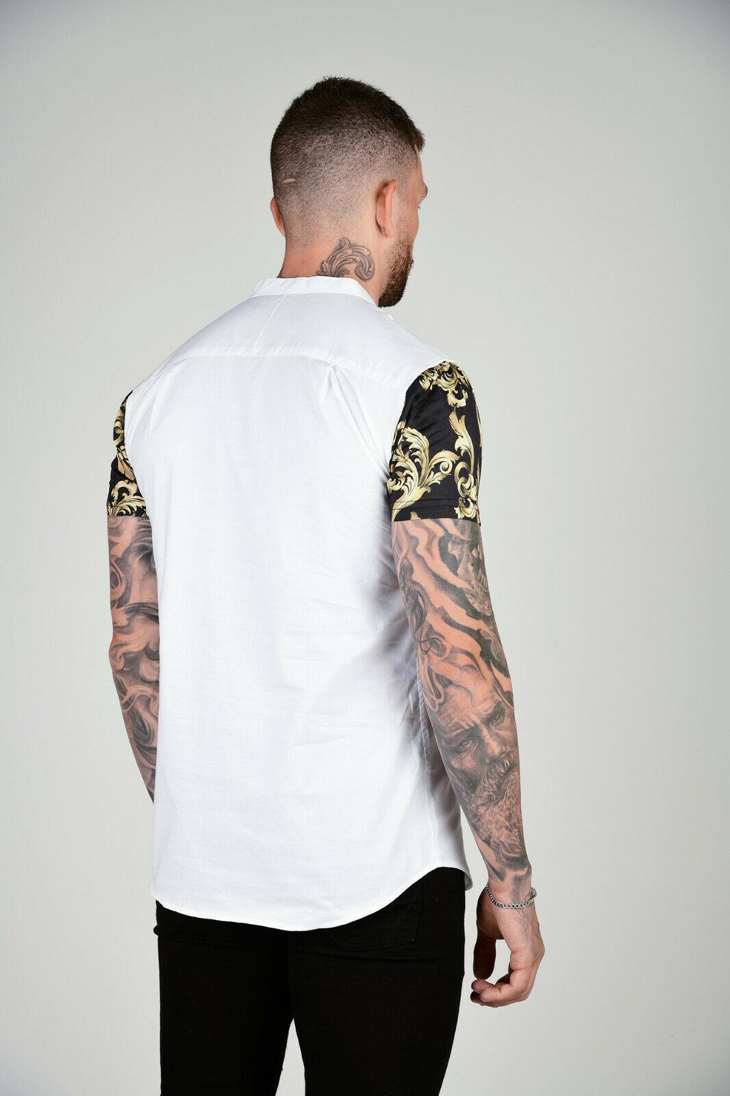 Men Grandad Collar Oxford Shirt - White & Gold - STREETMODE ™