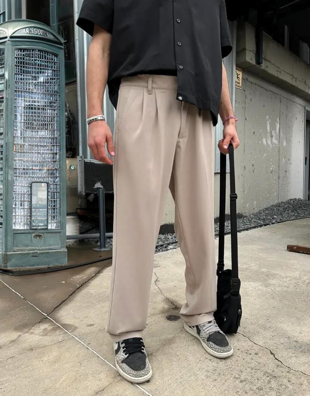 Men's Baggy Fit Fabric Trousers Cream - STREETMODE ™