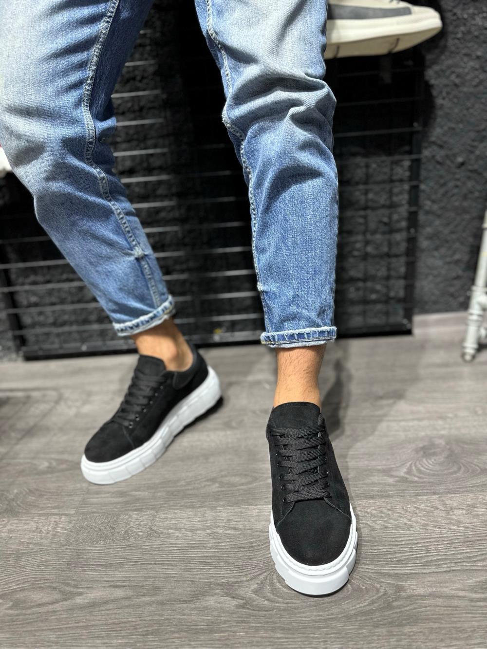 Men's High Sole Casual Suede Shoes 144 Black (White Sole) - STREETMODE ™