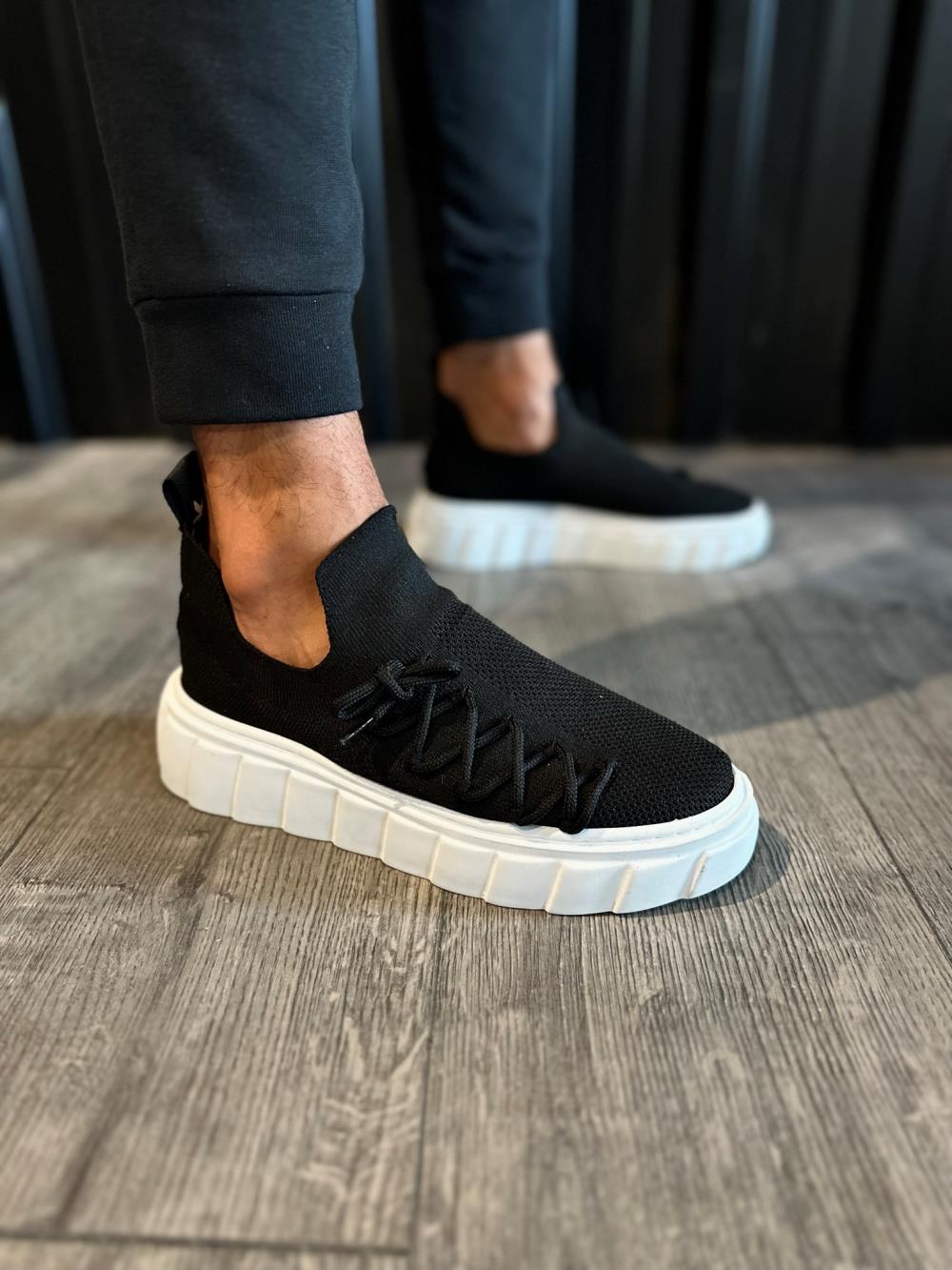 Men's High Sole Casual Suede Sneakers Shoes 1025 Black (White Sole) - STREETMODE ™