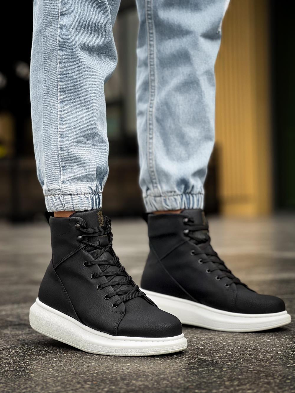 Men's High Sole Shoes B-080 Black White - STREETMODE ™