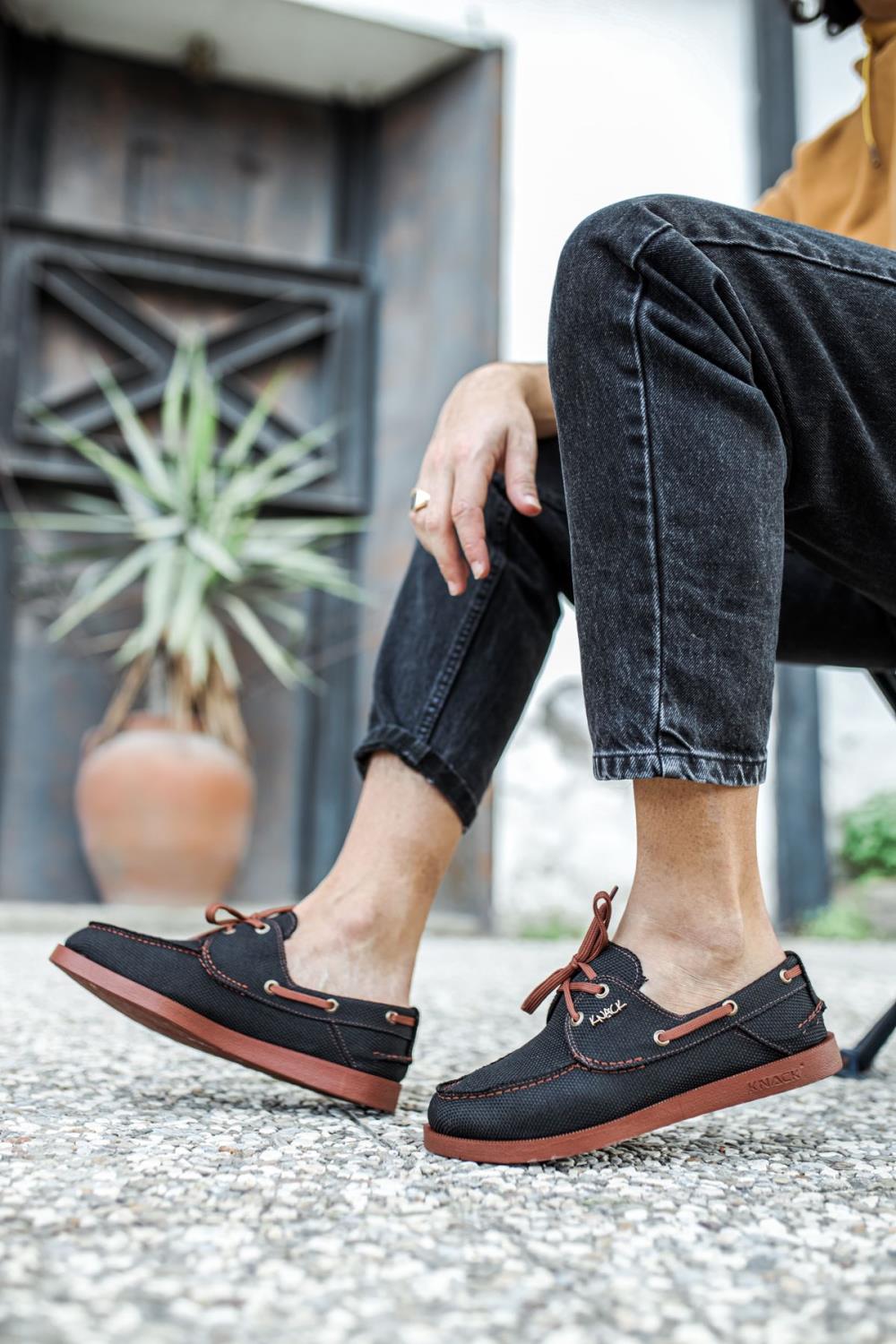 Men's Seasonal Linen Shoes 008 Black (Brown Sole) - STREETMODE ™