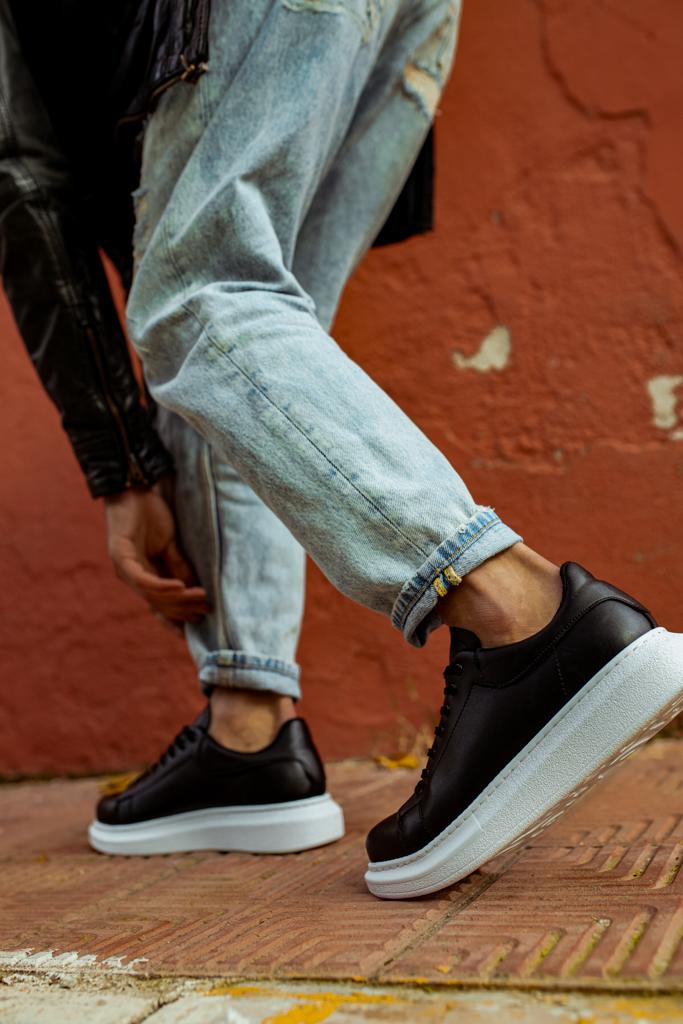 Mens Sneaker High Sole Casual Shoes 044 Black White (Patterned) - STREETMODE ™