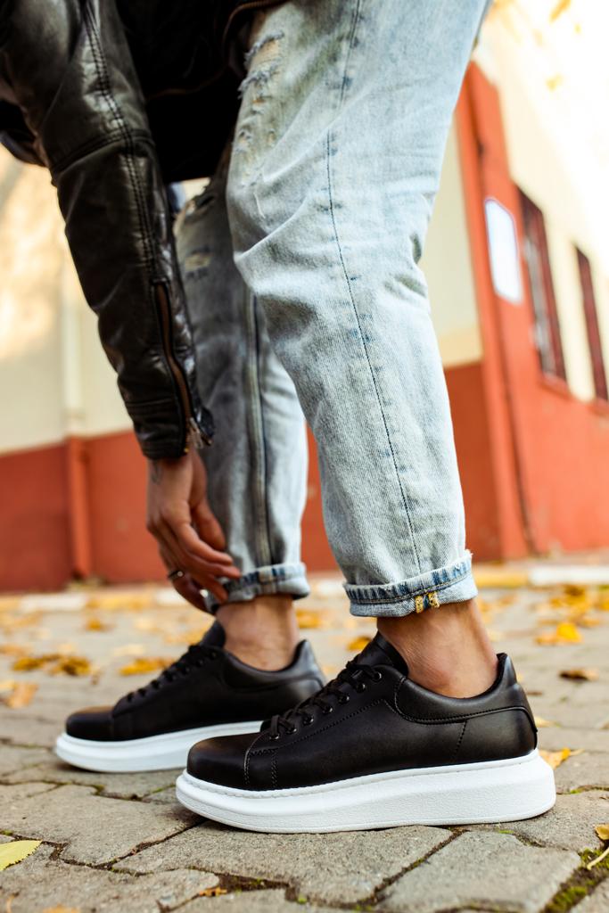 Mens Sneaker High Sole Casual Shoes 044 Black White (Patterned) - STREETMODE ™