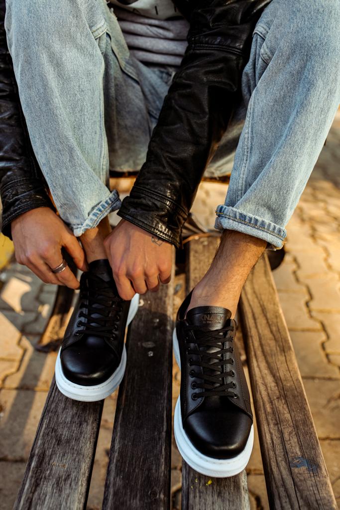 Mens Sneaker High Sole Casual Shoes 044 Black White (Patterned) - STREETMODE ™