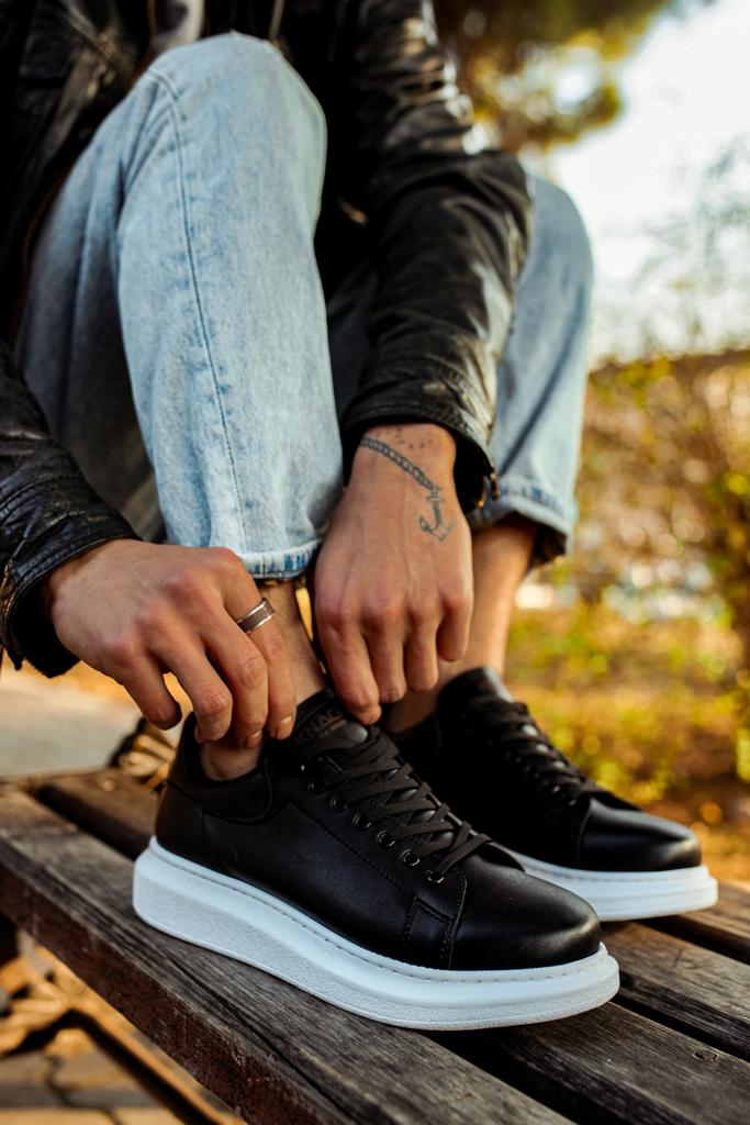 Mens Sneaker High Sole Casual Shoes 044 Black White (Patterned) - STREETMODE ™