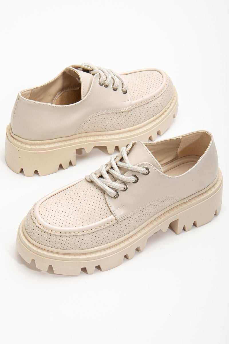 Women's Beige Lace Detailed Oxford Shoes - STREETMODE ™