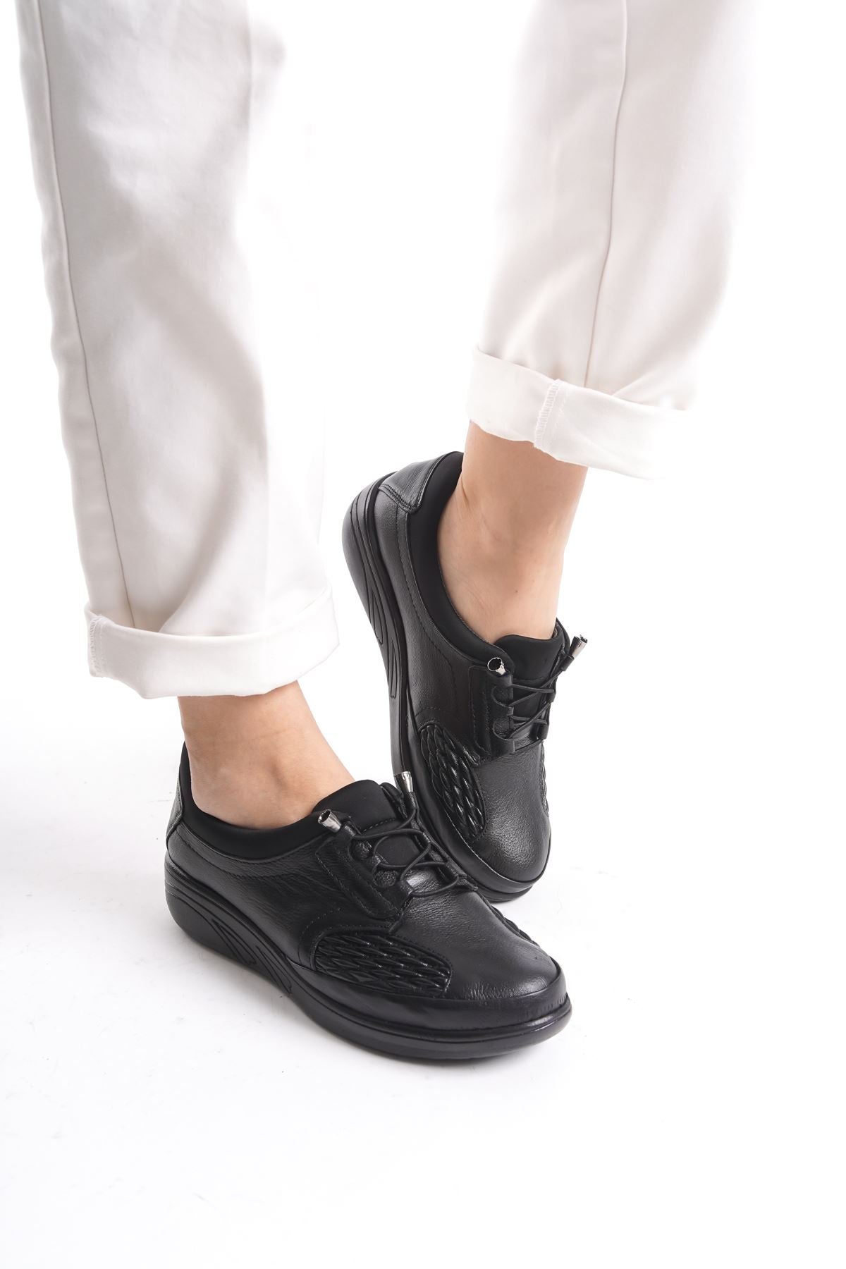 Women's Black Genuine Leather Full Orthopedic Suitable for Bone Protrusion Rubber Laced - STREETMODE ™