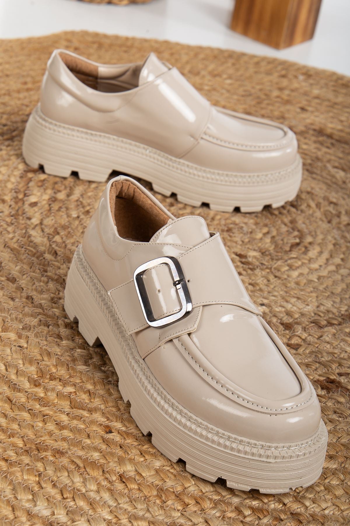 Beige Patent Leather Women's Stylish Casual Shoes with Buckle Detail - STREETMODE ™