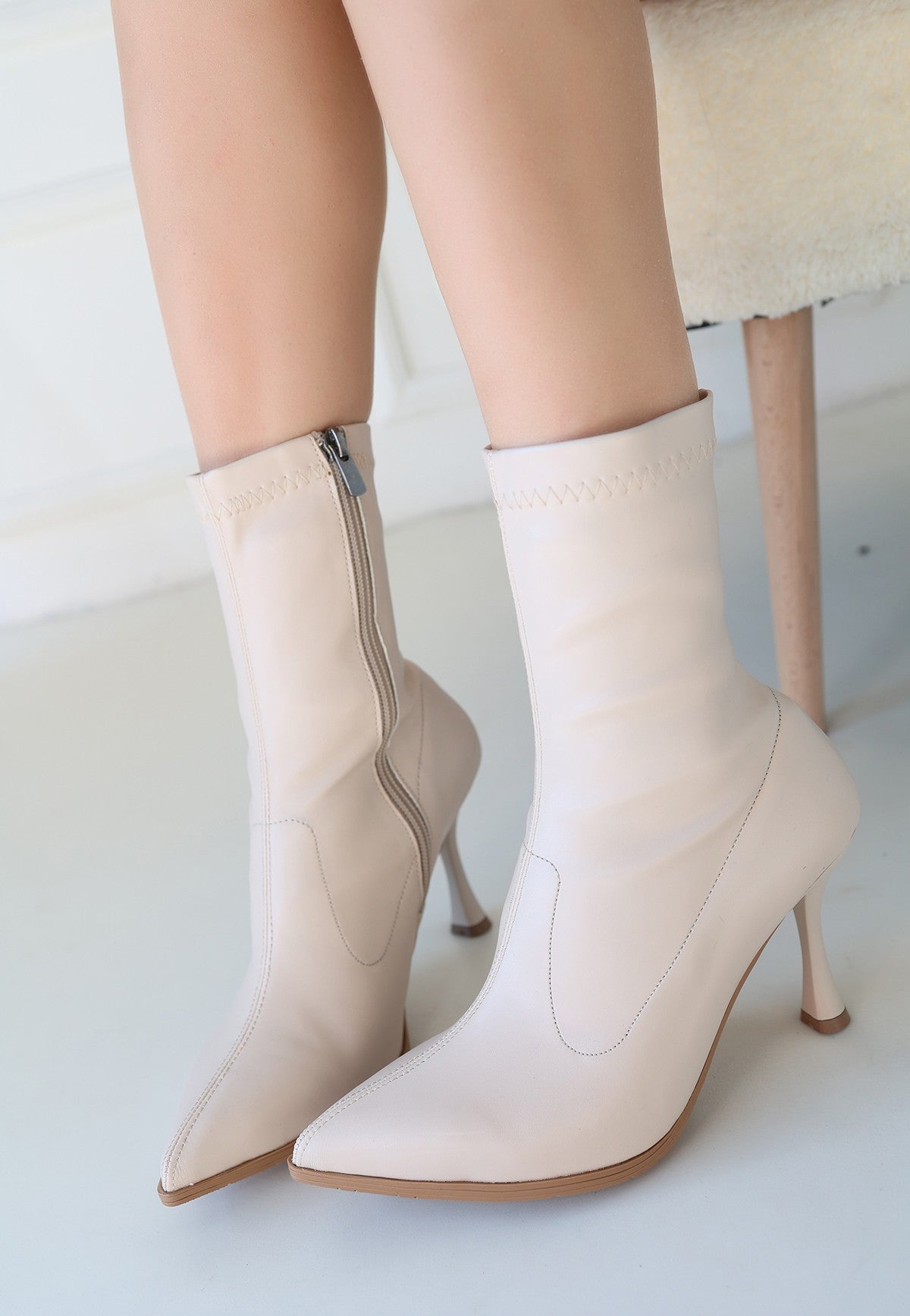 Women's Beige Skin Stretch Heeled Boots - STREETMODE ™