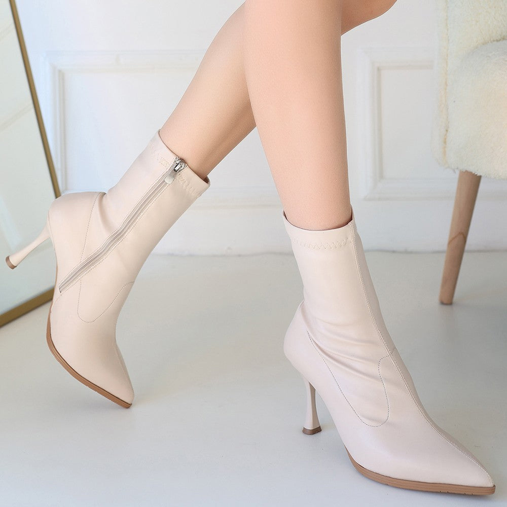 Women's Beige Skin Stretch Heeled Boots - STREETMODE ™